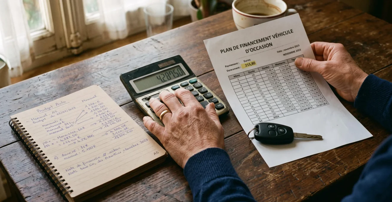 Des mains comparent un calculateur et un tableau de financement sur une table.