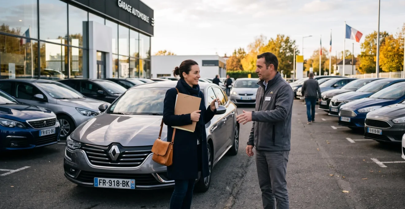 Un client reçoit les clés d'un véhicule d'un conseiller sur un parking de concession.
